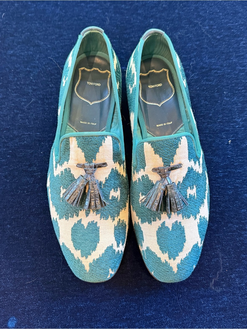 Tom Ford Teal and Cream Ikat Tassel Loafers
